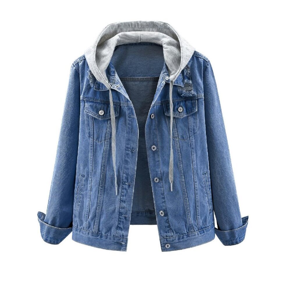 Distressed Denim Jacket with Detachable Hood, Loose Fit, Sizes S-XXL